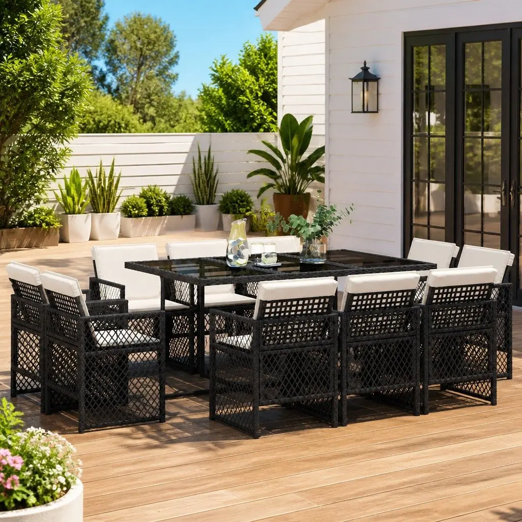 11 Piece Outdoor Garden Dining Set Black Poly Rattan Chairs Table Cushions
