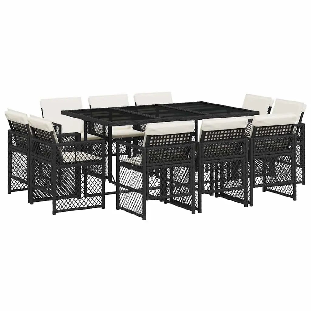 11 Piece Outdoor Garden Dining Set Black Poly Rattan Chairs Table Cushions