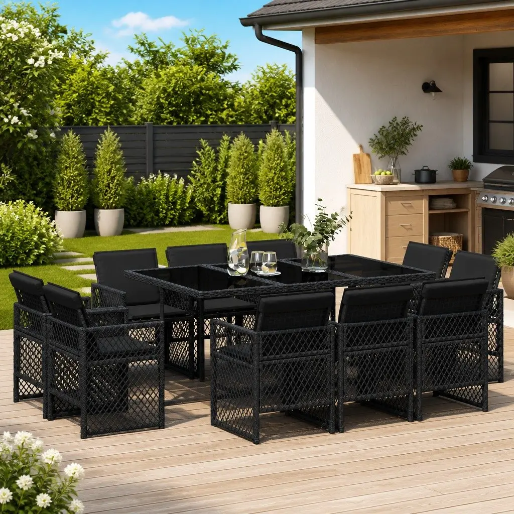 Black Poly Rattan Garden Dining Set 11 Piece Outdoor Patio Furniture