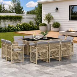 Comfortable 11 Piece Beige Patio Set with Glass Top