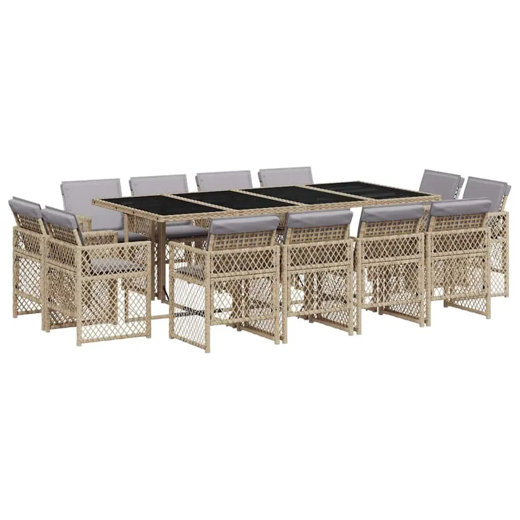 Outdoor Garden Dining Set 13 Piece Beige Poly Rattan Furniture with Cushions