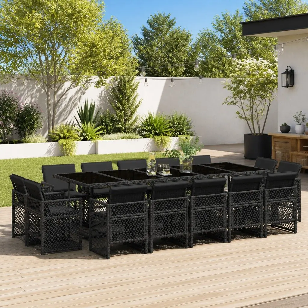 Outdoor Garden Dining Set 15 Piece Black Poly Rattan Chairs Table Cushions