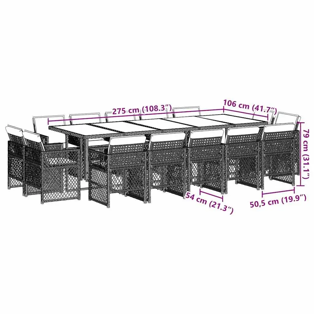 Outdoor Garden Dining Set 15 Piece Black Poly Rattan Chairs Table Cushions