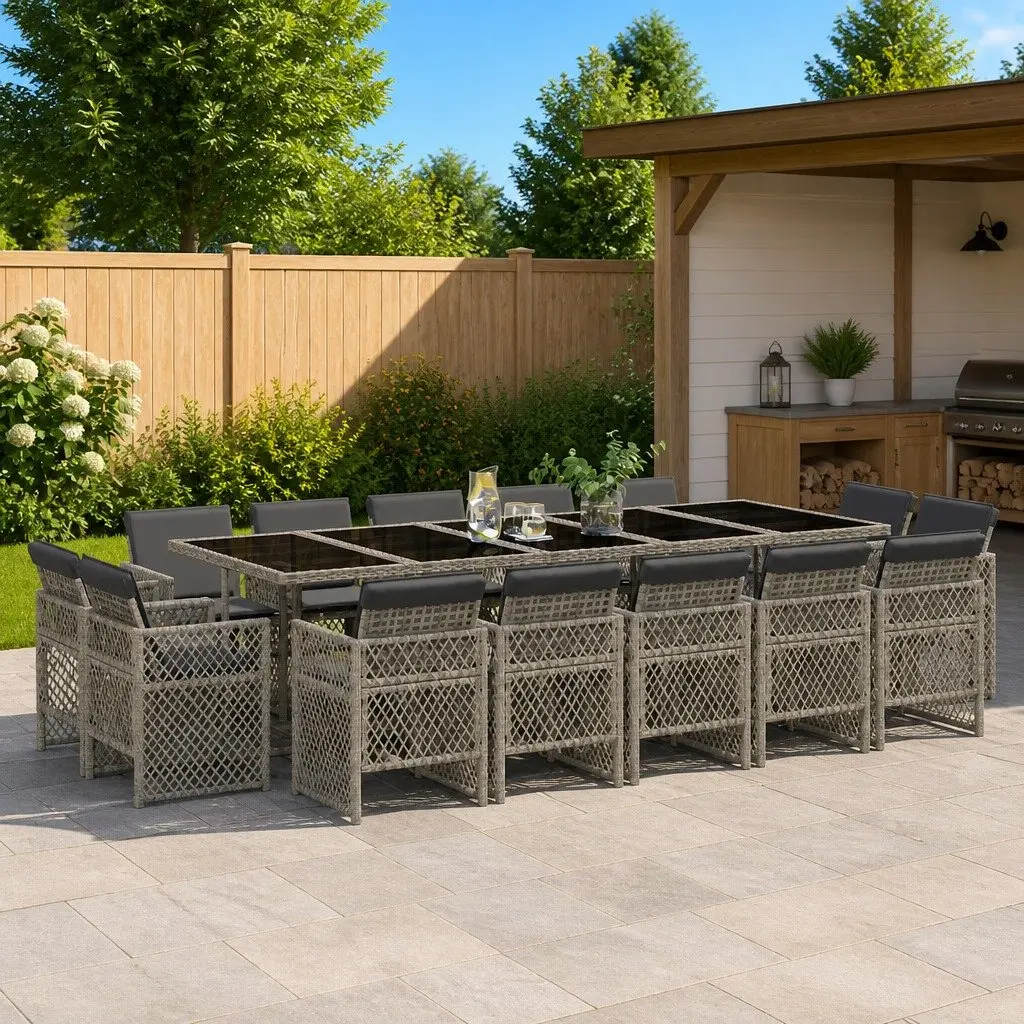 Outdoor Furniture Set Grey Dining 15 Pieces Table Chairs Cushions Garden