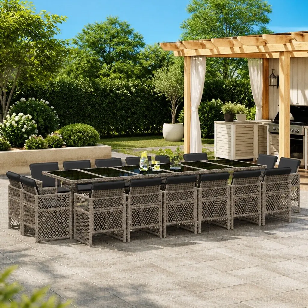 Outdoor Furniture Set 17 Pieces Grey Poly Rattan Garden Dining with Cushions