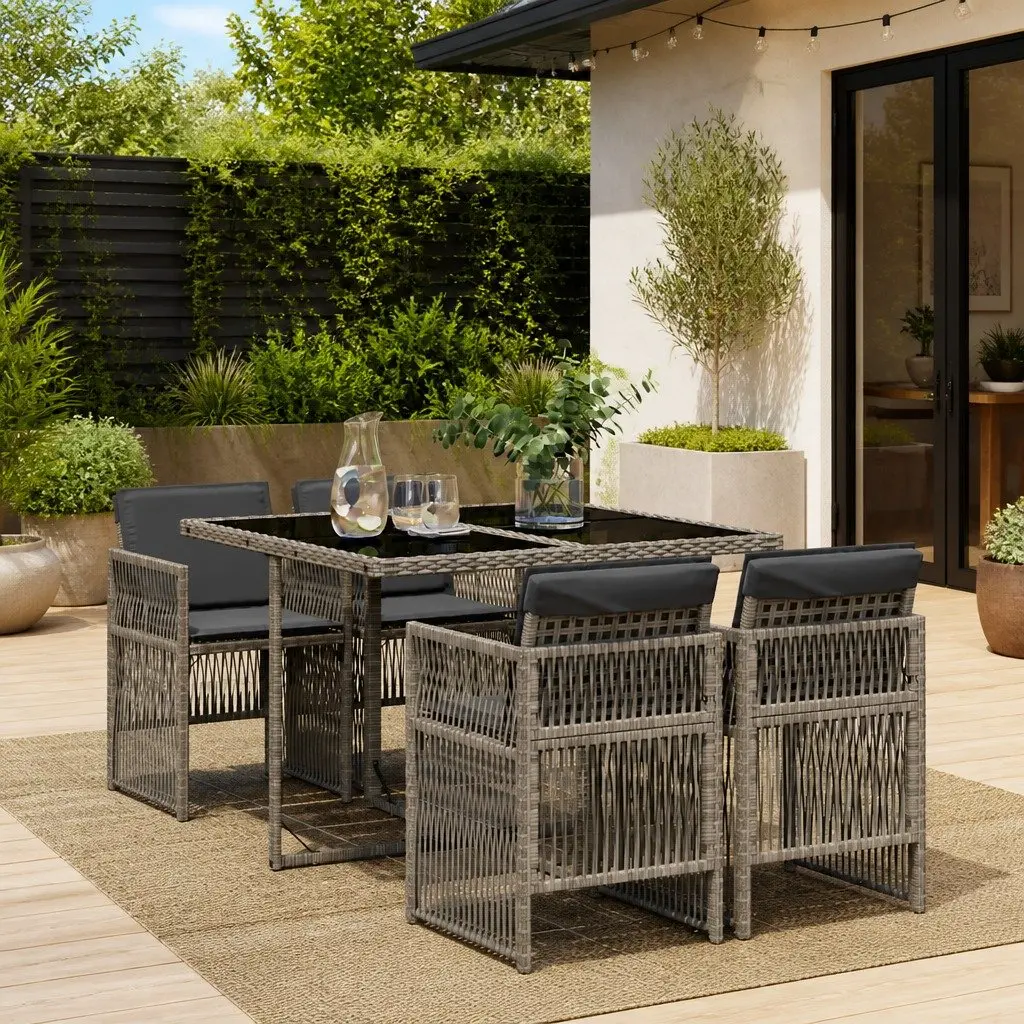 Outdoor Dining Set Grey 5 Piece Poly Rattan Garden Patio Furniture with Cushions