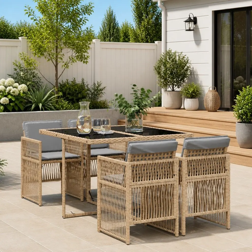 5 Piece Outdoor Dining Set Beige Poly Rattan Chairs Table Patio Furniture
