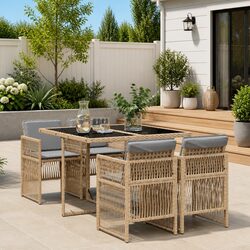 5 Piece Outdoor Dining Set Beige Poly Rattan Chairs Table Patio Furniture