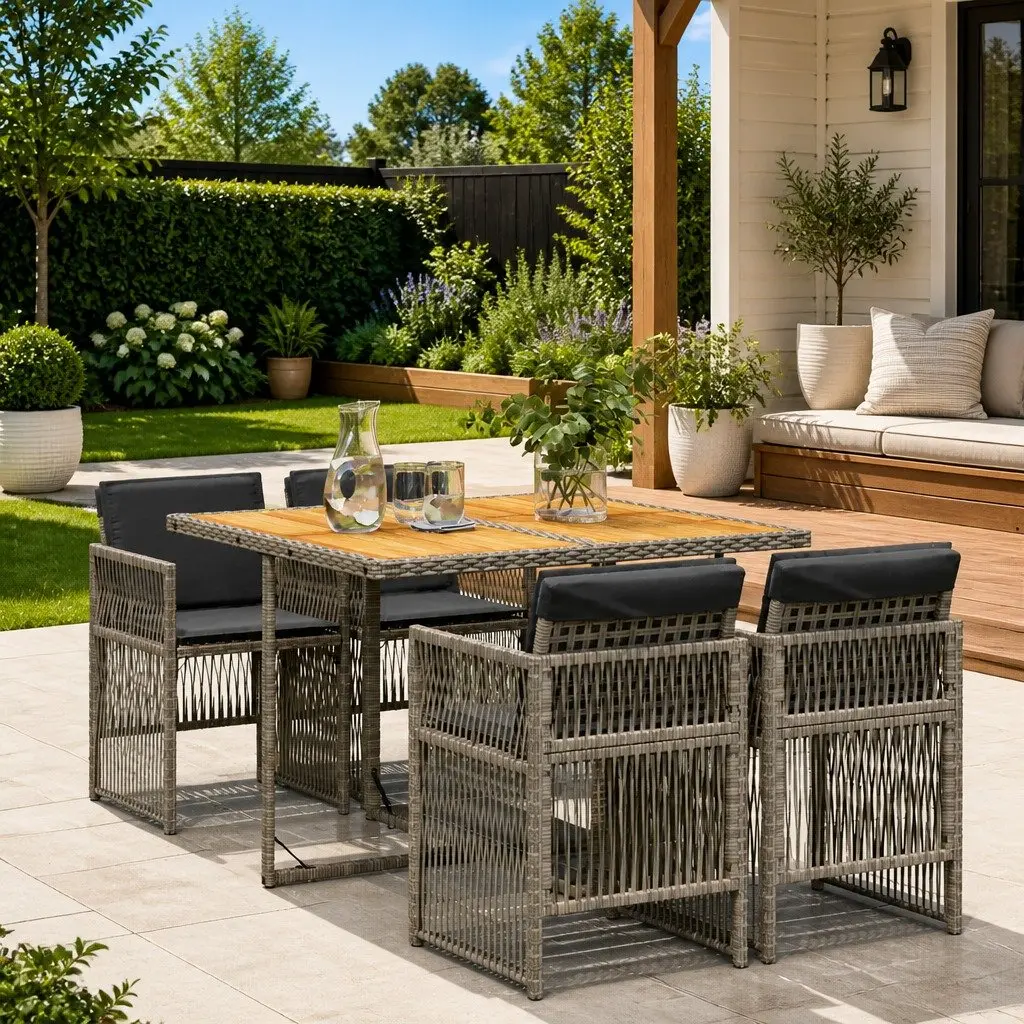 Garden Dining Set 5 Piece Outdoor Table Chairs Grey Poly Rattan with Cushions