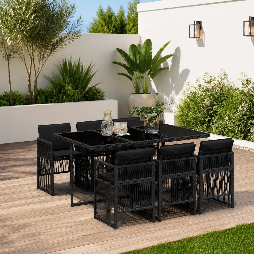 7 Piece Outdoor Dining Set Garden Use Black Poly Rattan Foldable Chairs Tempered Glass