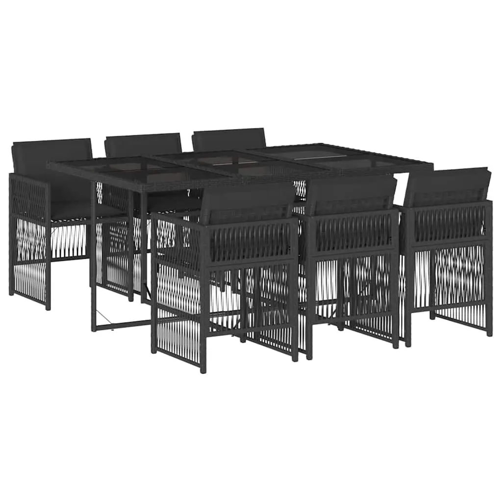 7 Piece Outdoor Dining Set Garden Use Black Poly Rattan Foldable Chairs Tempered Glass