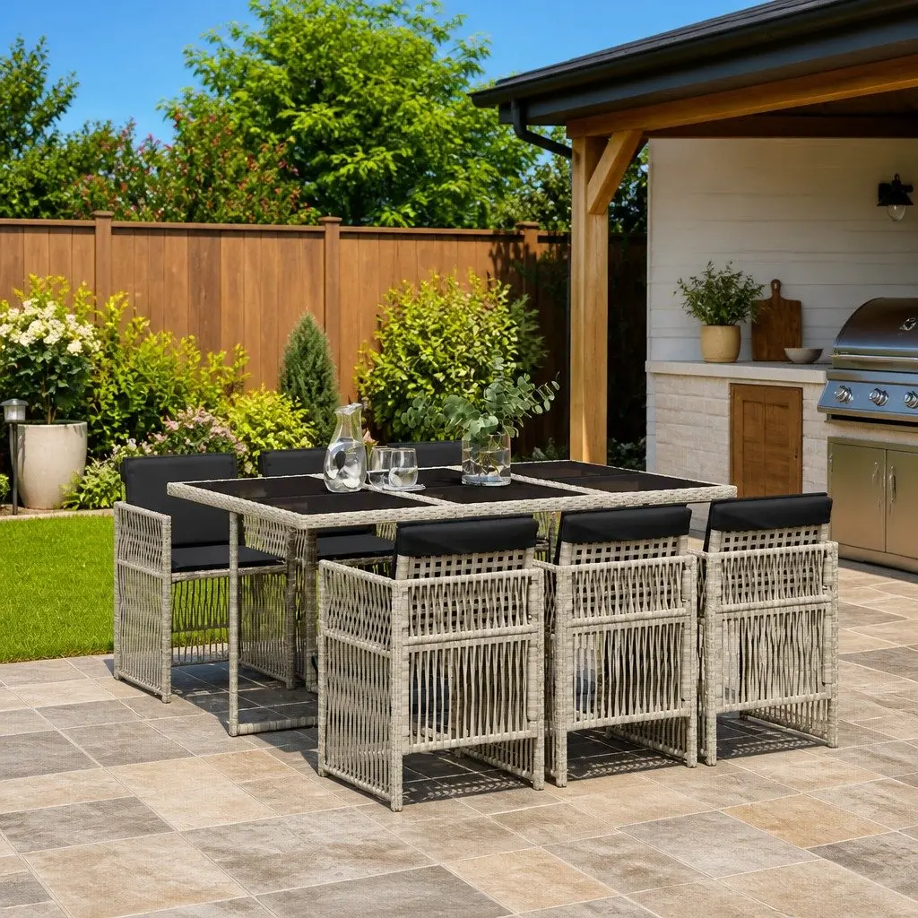 7 Piece Garden Dining Set Outdoor Furniture Grey Poly Rattan Table Chairs