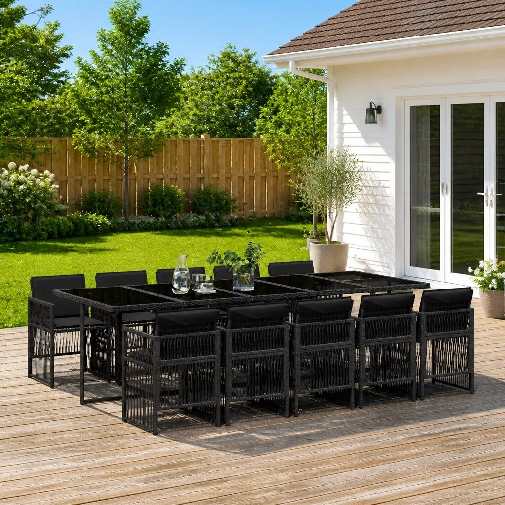 Outdoor Furniture Set 11 Piece Garden Dining Table Chairs Black Poly Rattan