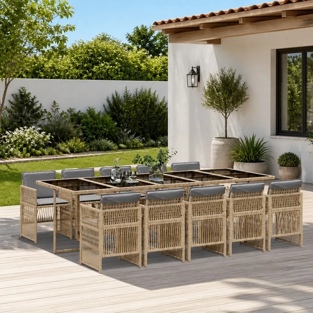 Garden Dining Set 11 Piece Outdoor Furniture Grey Poly Rattan with Tempered Glass Table and Cushions