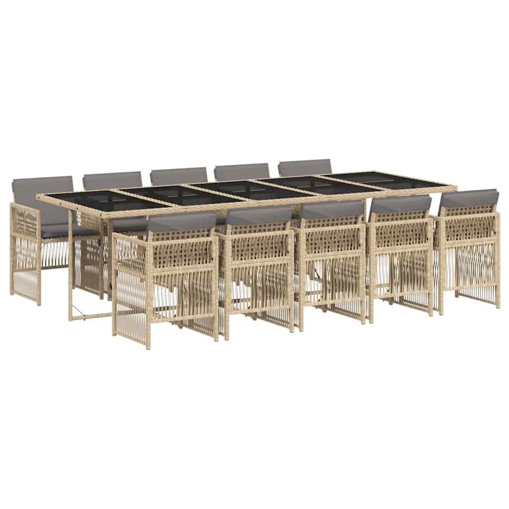 Outdoor Dining Set 11 Piece Patio Furniture Beige Poly Rattan Cushions Tempered Glass Table