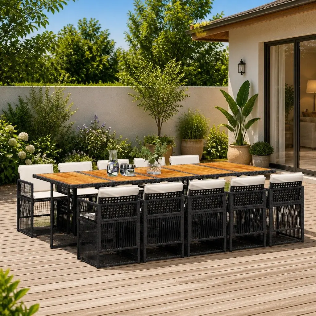 Garden Dining Set 11 Piece Outdoor Furniture Black Poly Rattan with Cushions