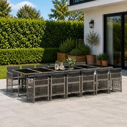 13 Piece Garden Dining Set Poly Rattan Chairs Tempered Glass Table Cushions Grey