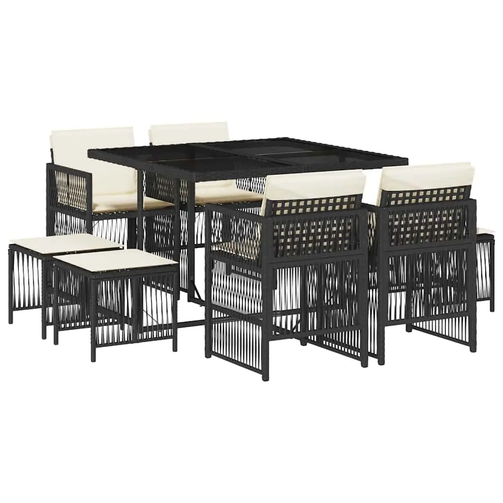 9 Piece Garden Dining Set Outdoor Patio Furniture Black Poly Rattan with Cushions