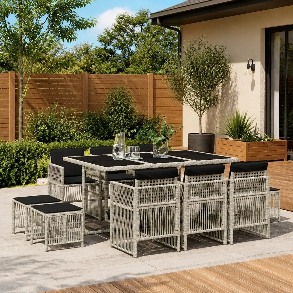 Outdoor Patio Furniture Set 11 Piece Grey Poly Rattan Cushions Garden Dining Table and Chairs