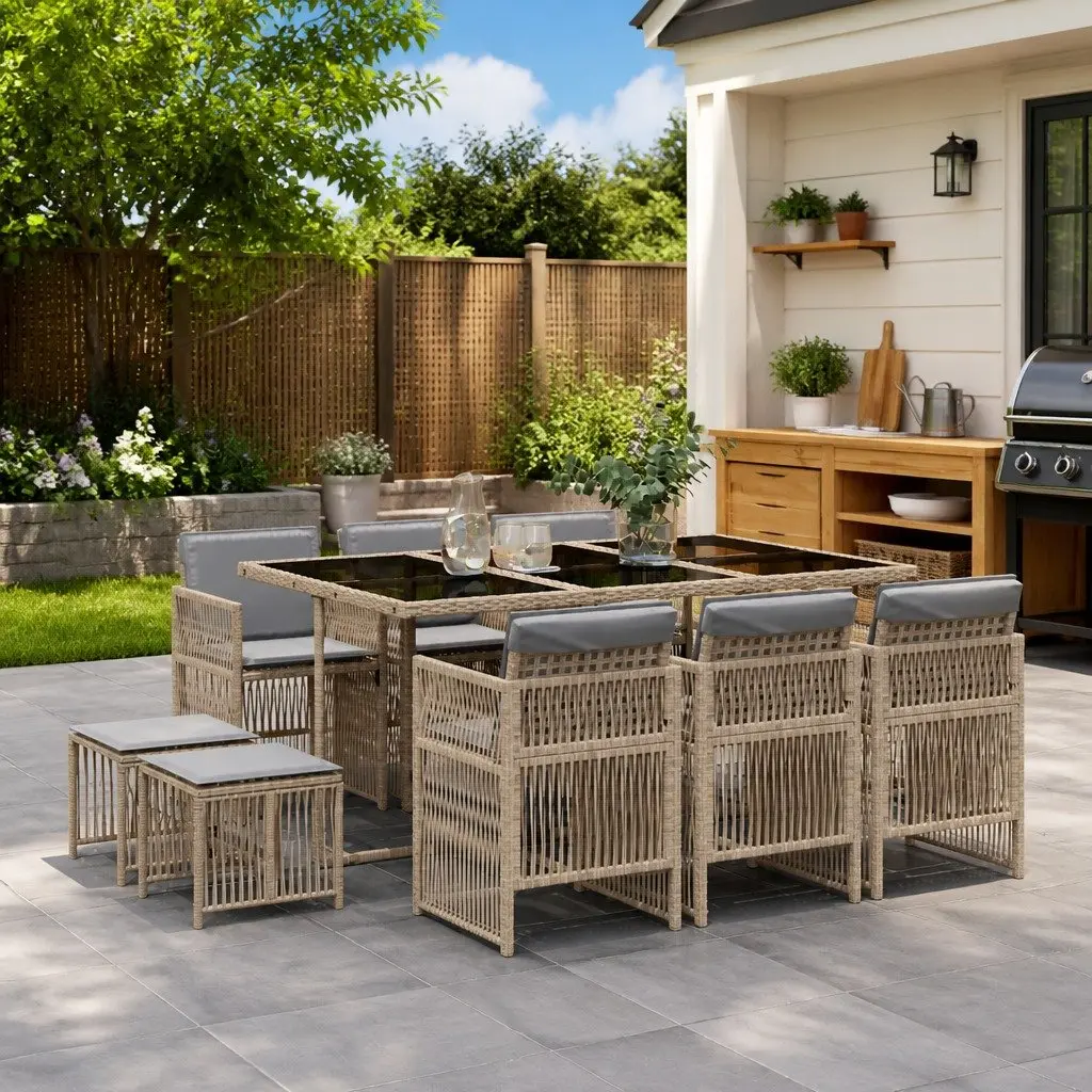 Outdoor Garden Dining Set 11 Piece Al Fresco Dining Beige Poly Rattan with Cushions