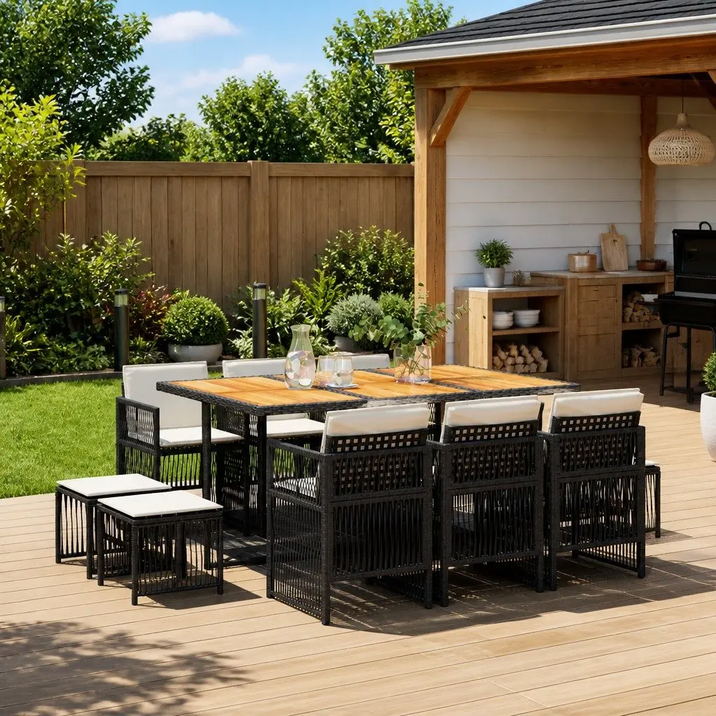 Outdoor Furniture Set 11 Piece Garden Dining Poly Rattan Table Chairs Cushions Black