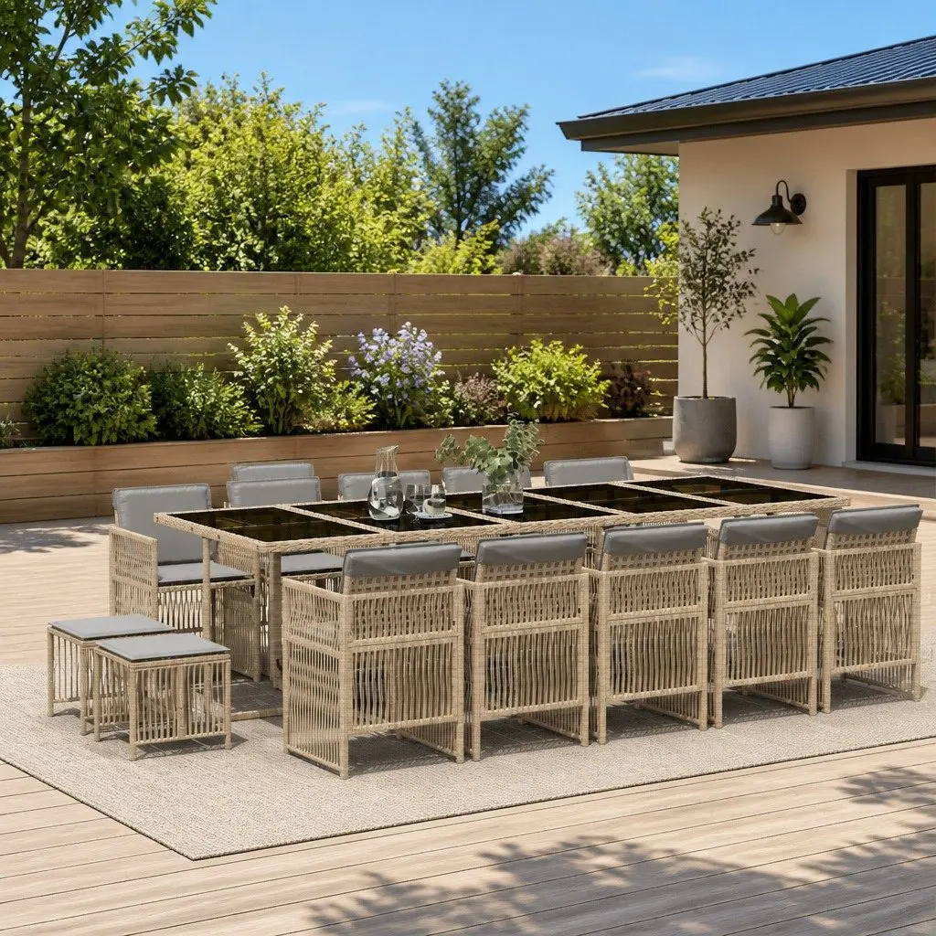 Garden Dining Set 15 Piece Outdoor Furniture Poly Rattan Chairs Table Cushions Beige