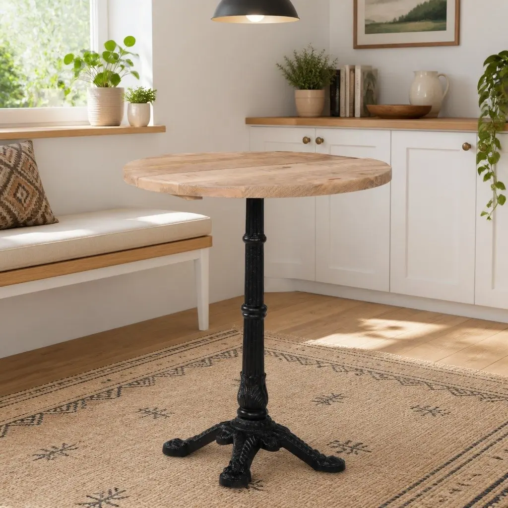 Bistro Dining Table Round Wooden Top Cast Iron Base Kitchen Brown 60x76cm