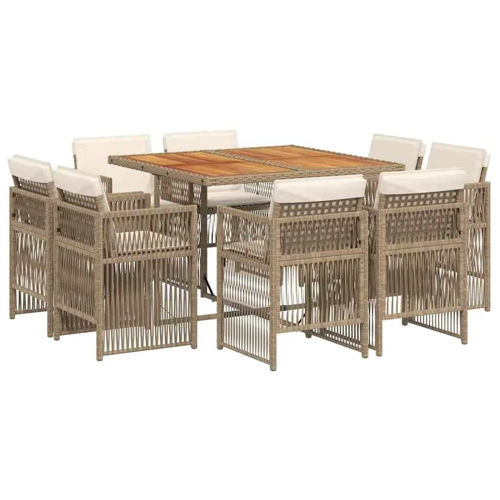 Garden Dining Set 9 Piece Outdoor Furniture Beige Poly Rattan Acacia Wood Top with Cushions