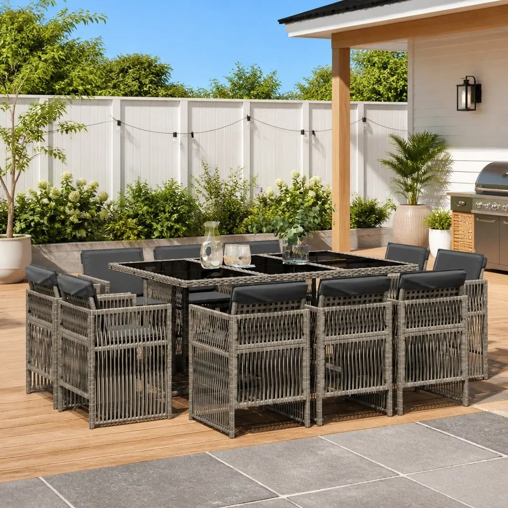 Garden Dining Set 11 Piece Outdoor Furniture Grey Poly Rattan Patio Table Chairs