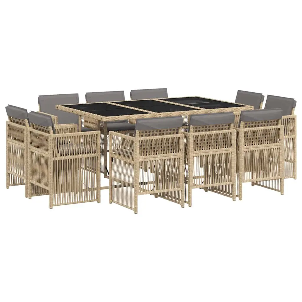 Beige 11 Piece Outdoor Dining Set Garden Furniture with Cushions Poly Rattan and Tempered Glass Table