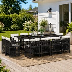 Garden Dining Set 13 Piece Outdoor Furniture Black Poly Rattan Cushions Patio