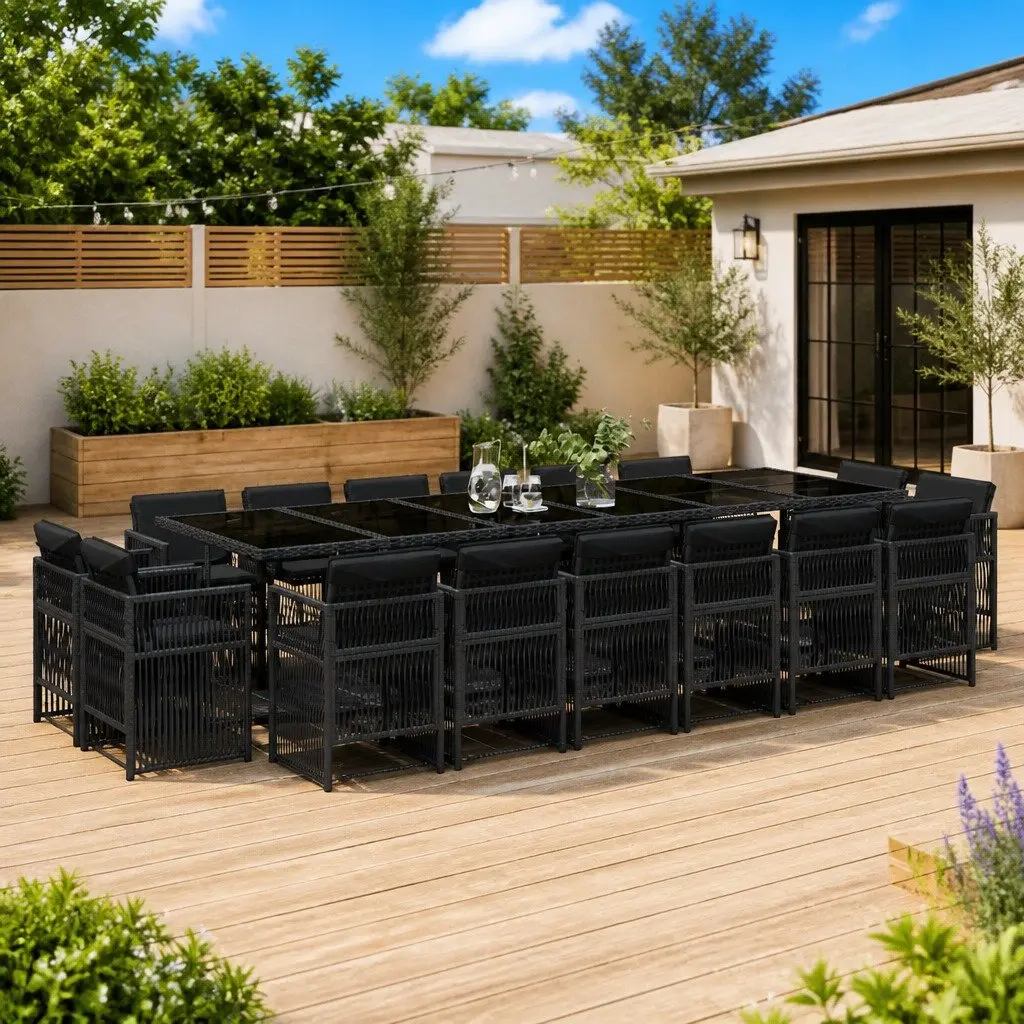 Garden Dining Set 17 Piece Outdoor Furniture Black Poly Rattan Chairs Table