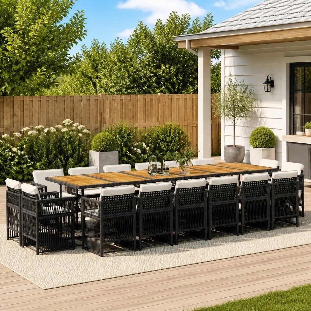 Outdoor Furniture Set 17 Piece Black Poly Rattan Chairs and Table for Garden Dining