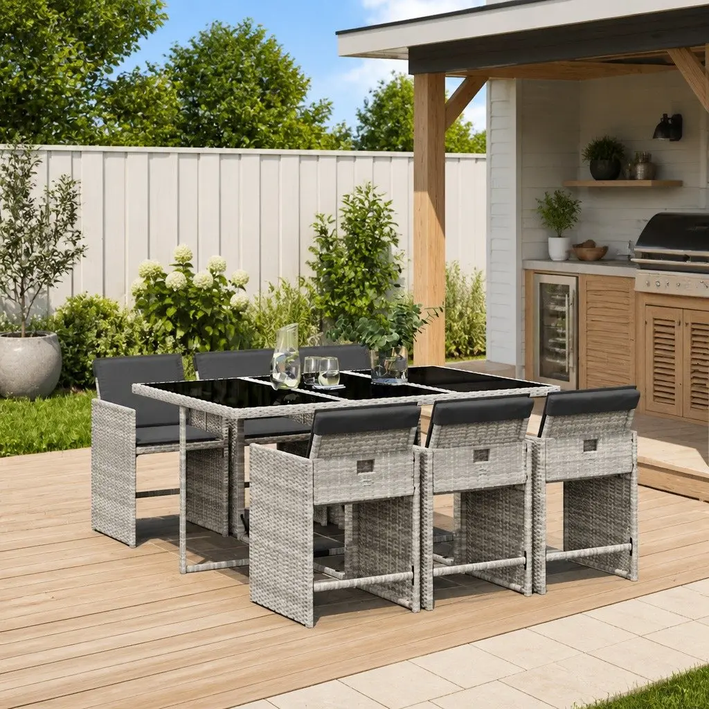 Outdoor Patio Furniture Dining Set 7 Piece Grey Rattan Cushions for Garden and Backyard Use
