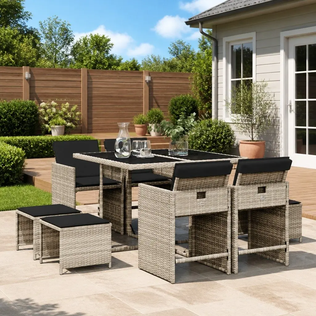 Outdoor Furniture Dining Set 9 Piece Grey Poly Rattan Table Chairs