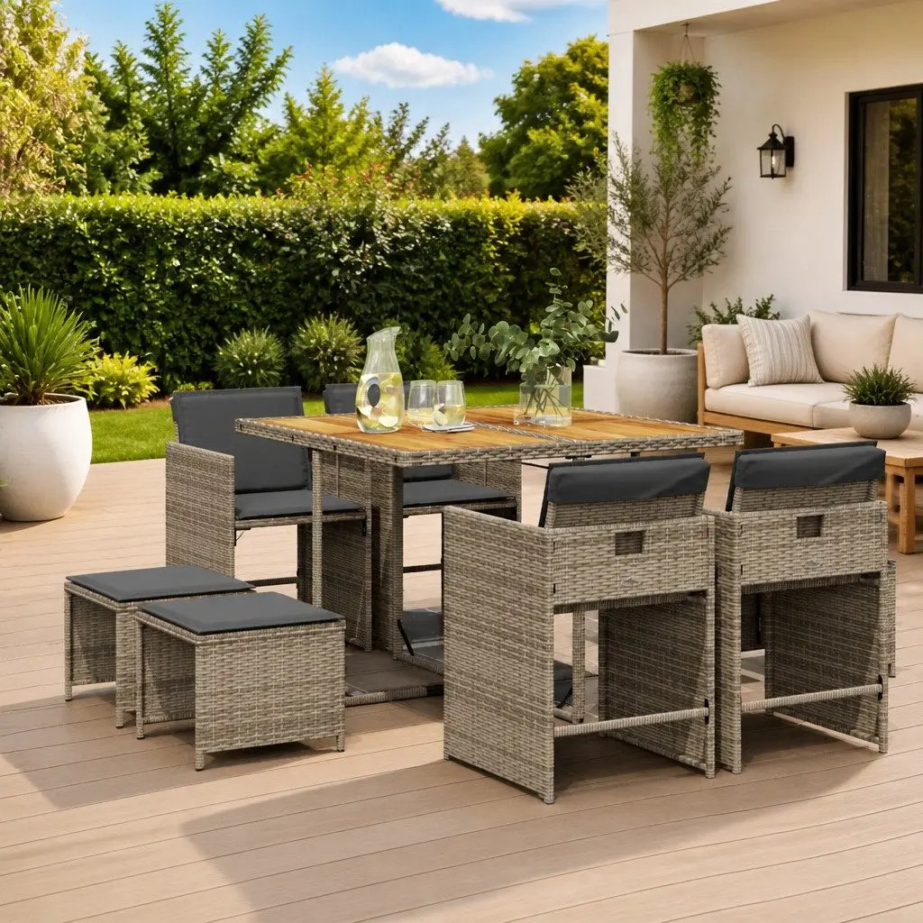 Garden Dining Set 9 Piece Grey PE Rattan Outdoor Furniture with Cushions