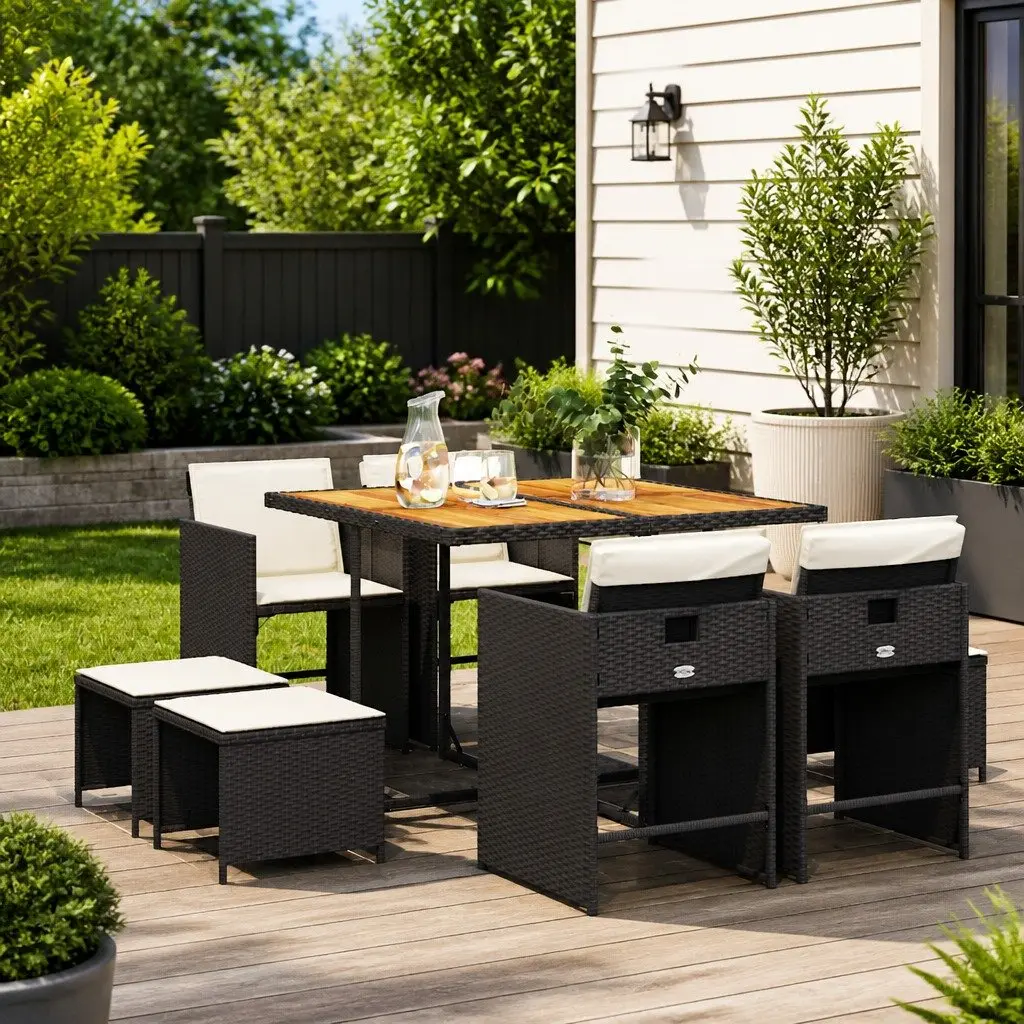 Outdoor Garden Dining Set 9 Piece Al Fresco Dining Cushioned Chairs Table Black PE Rattan
