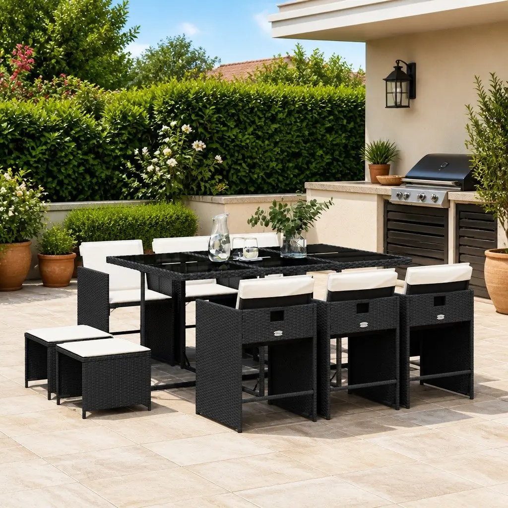Garden Dining Set 11 Piece Black Poly Rattan Folding Chairs Table Outdoor Furniture