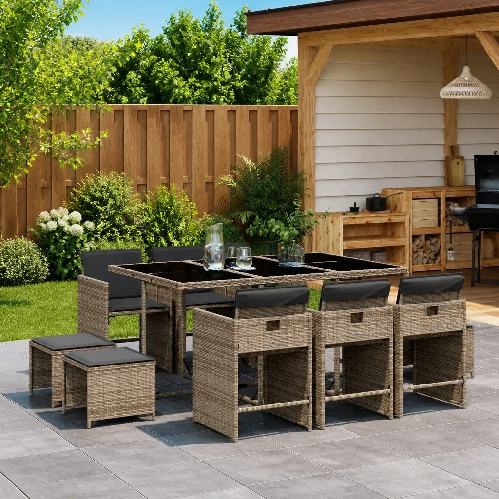 Garden Dining Set 11 Piece Outdoor Furniture Grey Poly Rattan Chairs Table