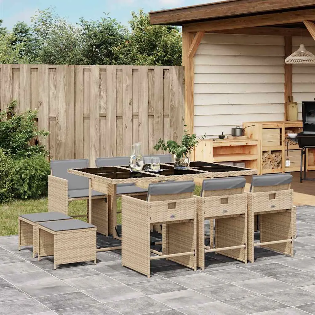Outdoor Dining Set 11 Piece Garden Furniture PE Rattan Beige Cushions Patio