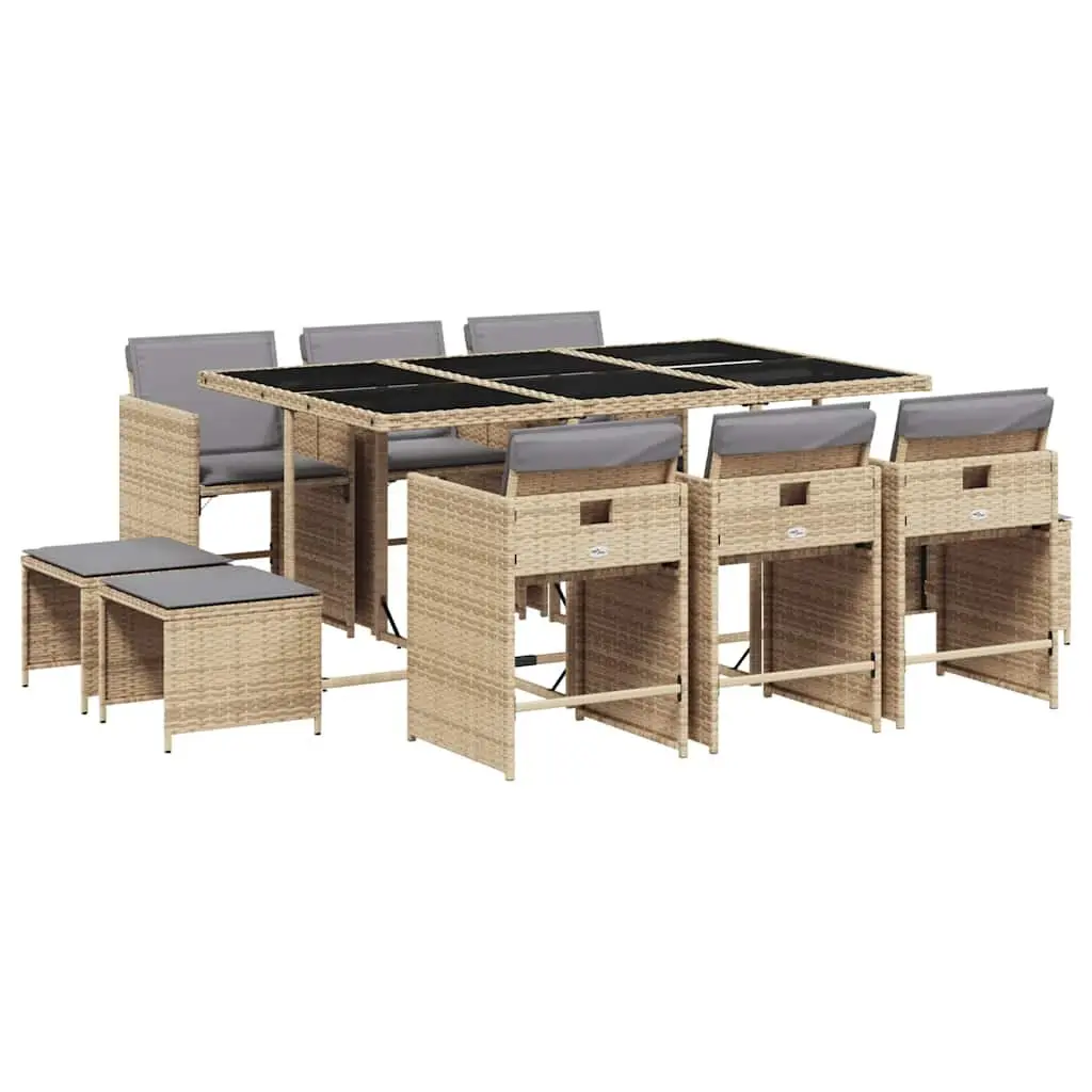 Outdoor Dining Set 11 Piece Garden Furniture PE Rattan Beige Cushions Patio
