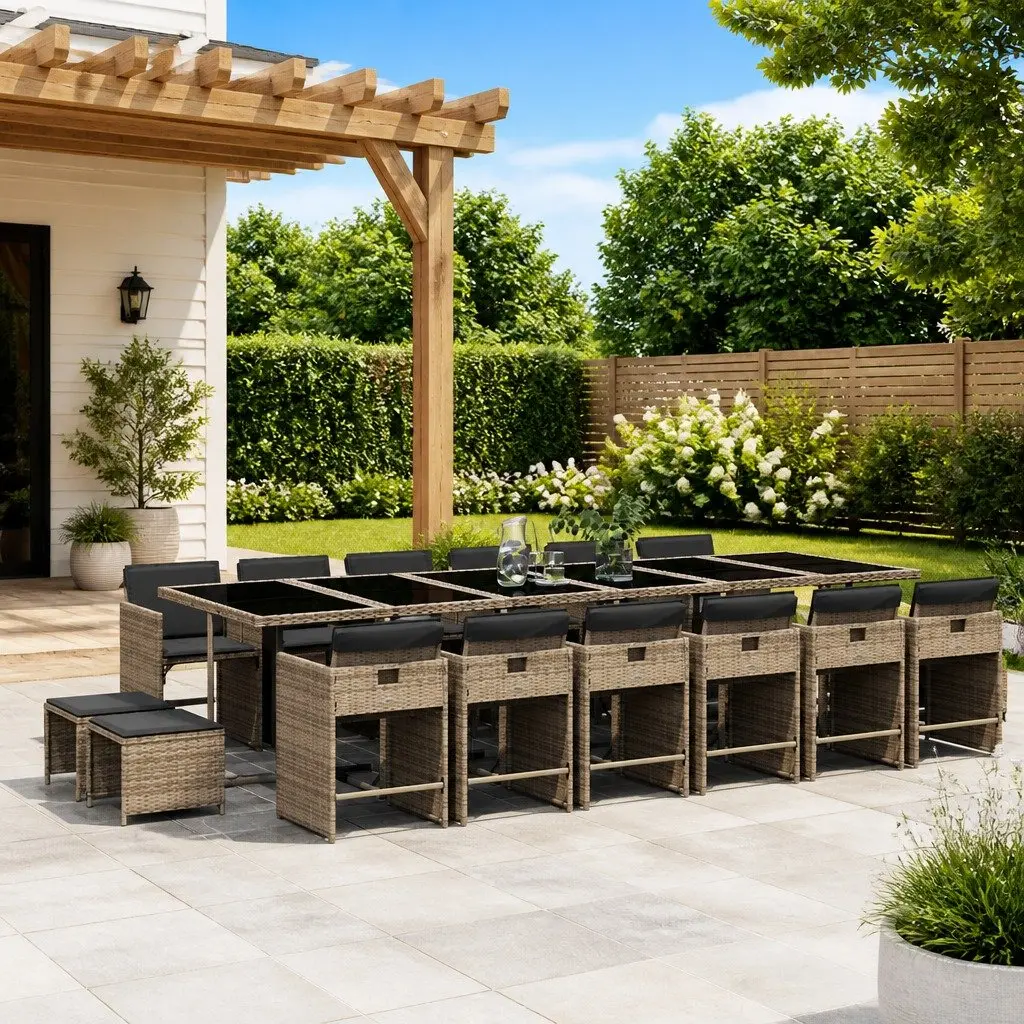 17 Piece Garden Dining Set Outdoor Patio Furniture Grey PE Rattan with Cushions