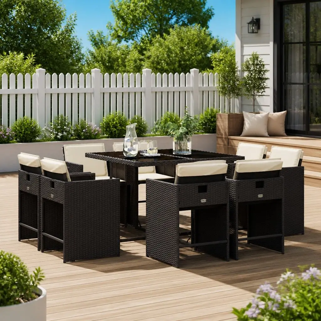 Garden Dining Set 9 Piece Outdoor Furniture Table with Tempered Glass Top and 8 Chairs with Cushions Black