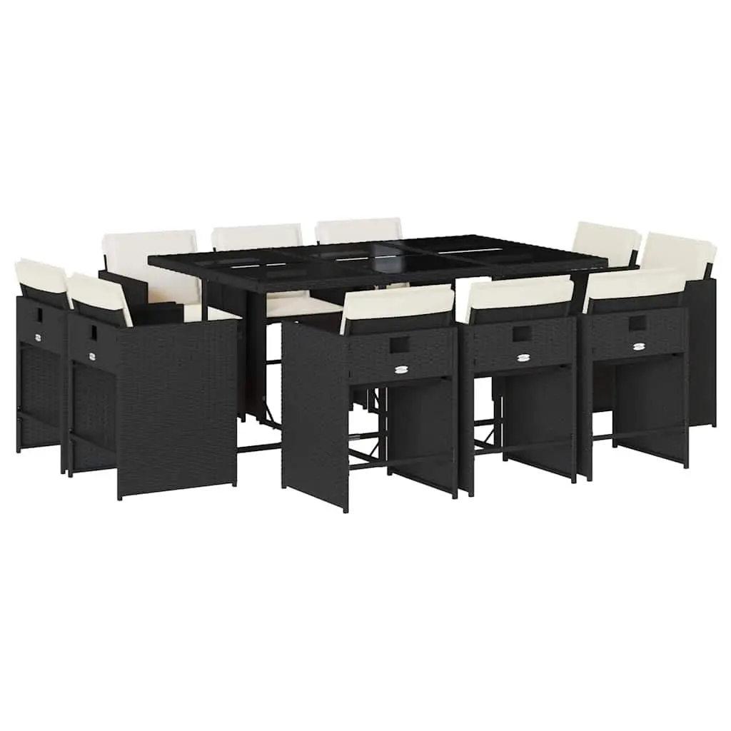 Outdoor Dining Set 11 Piece Garden Patio Furniture Black Poly Rattan Table Chairs with Cushions