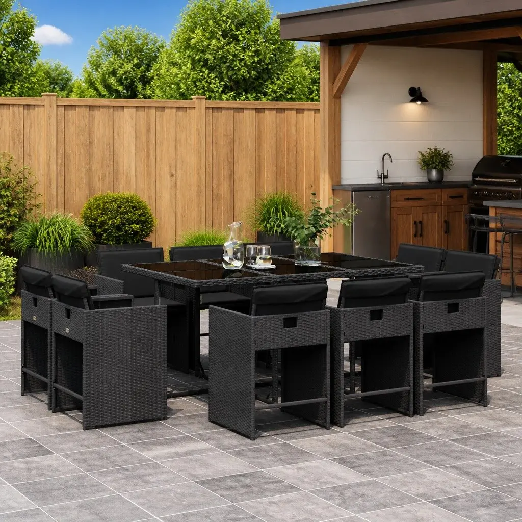 11 Piece Outdoor Dining Set Black Poly Rattan Table Chairs Cushions