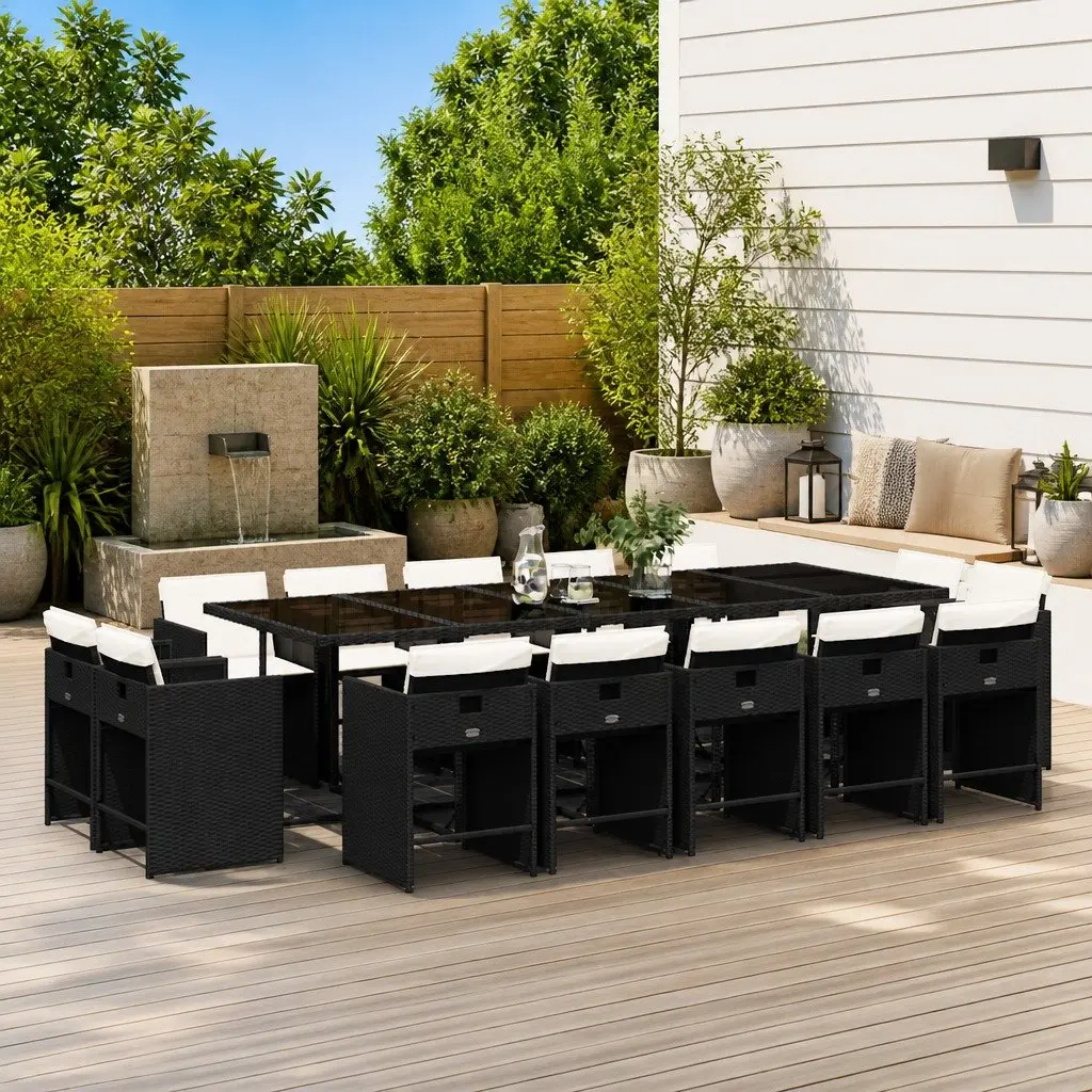 Outdoor Furniture Set 15 Piece Garden Dining Black Poly Rattan Chairs Table