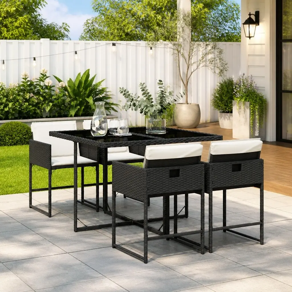 5 Piece Outdoor Dining Set Black Poly Rattan Chairs Glass Table