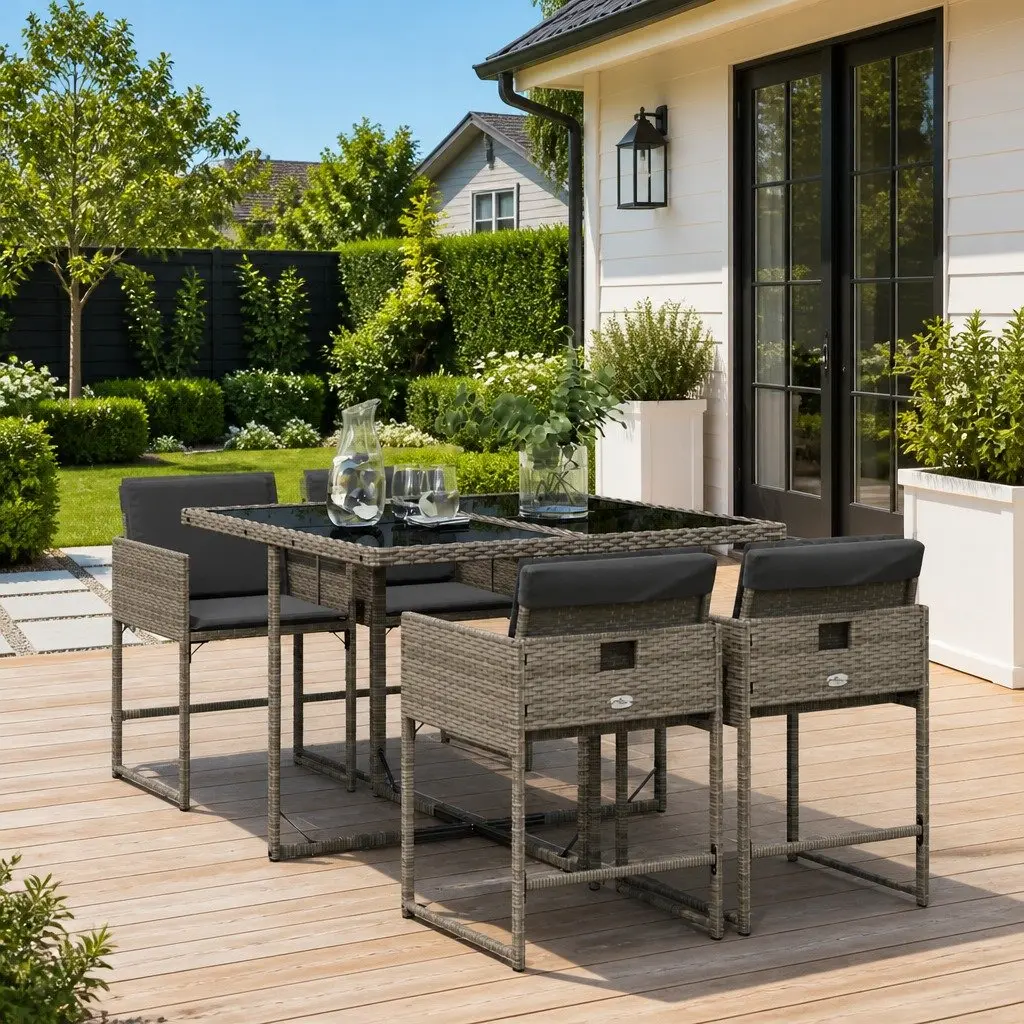 Outdoor Furniture Garden Dining Set Grey 5 Piece Poly Rattan Table Chairs