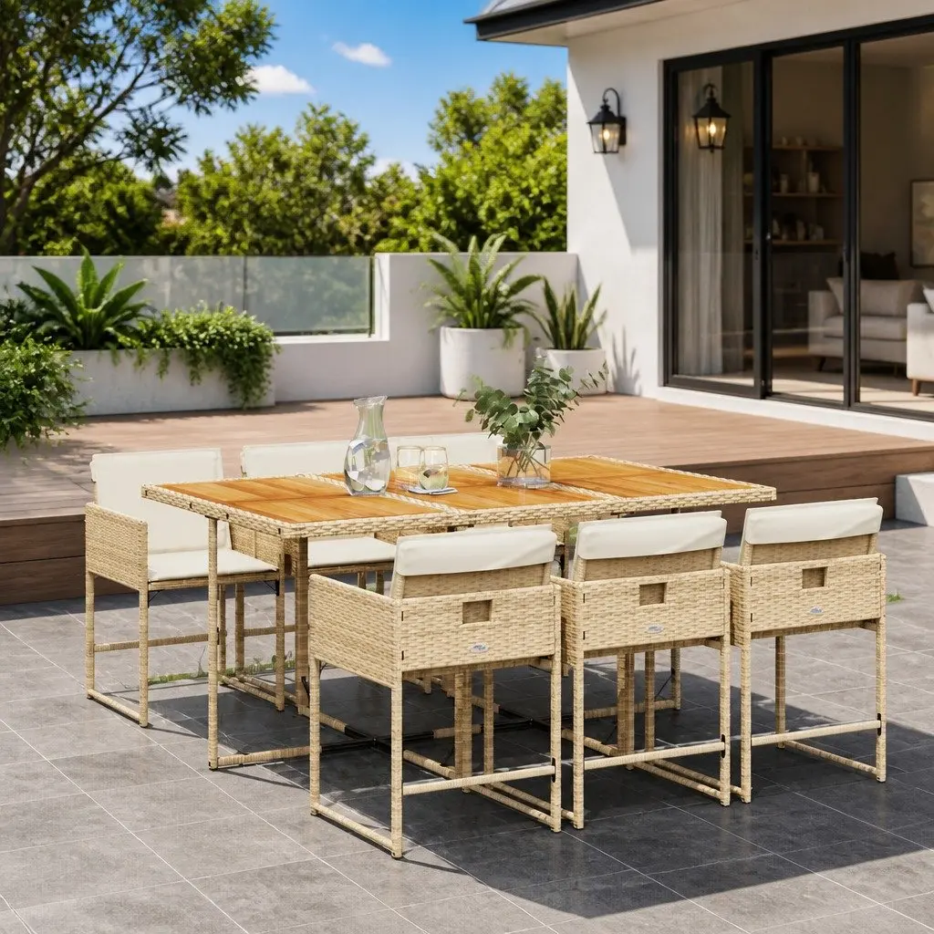 7 Piece Garden Dining Set Outdoor Furniture Beige Poly Rattan Chairs Table