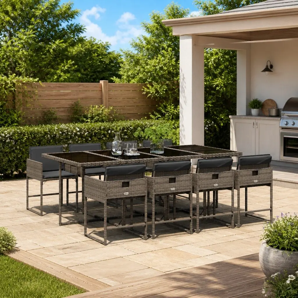 9 Piece Garden Dining Set Outdoor Furniture Grey Poly Rattan with Cushions